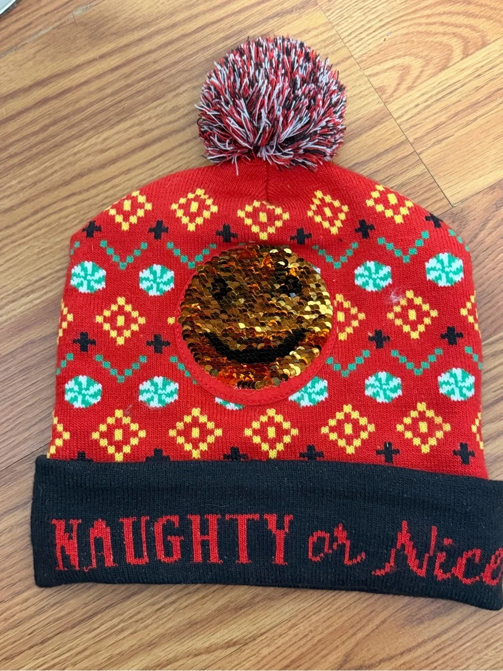 Red Christmas Unisex Pom Pom Hat with Sequin Emoji Patch - Naughty or Nice -- OS